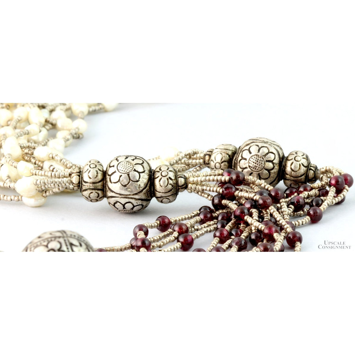 Multi-Strand Freshwater Pearl & Garnet Sterling Silver Necklace