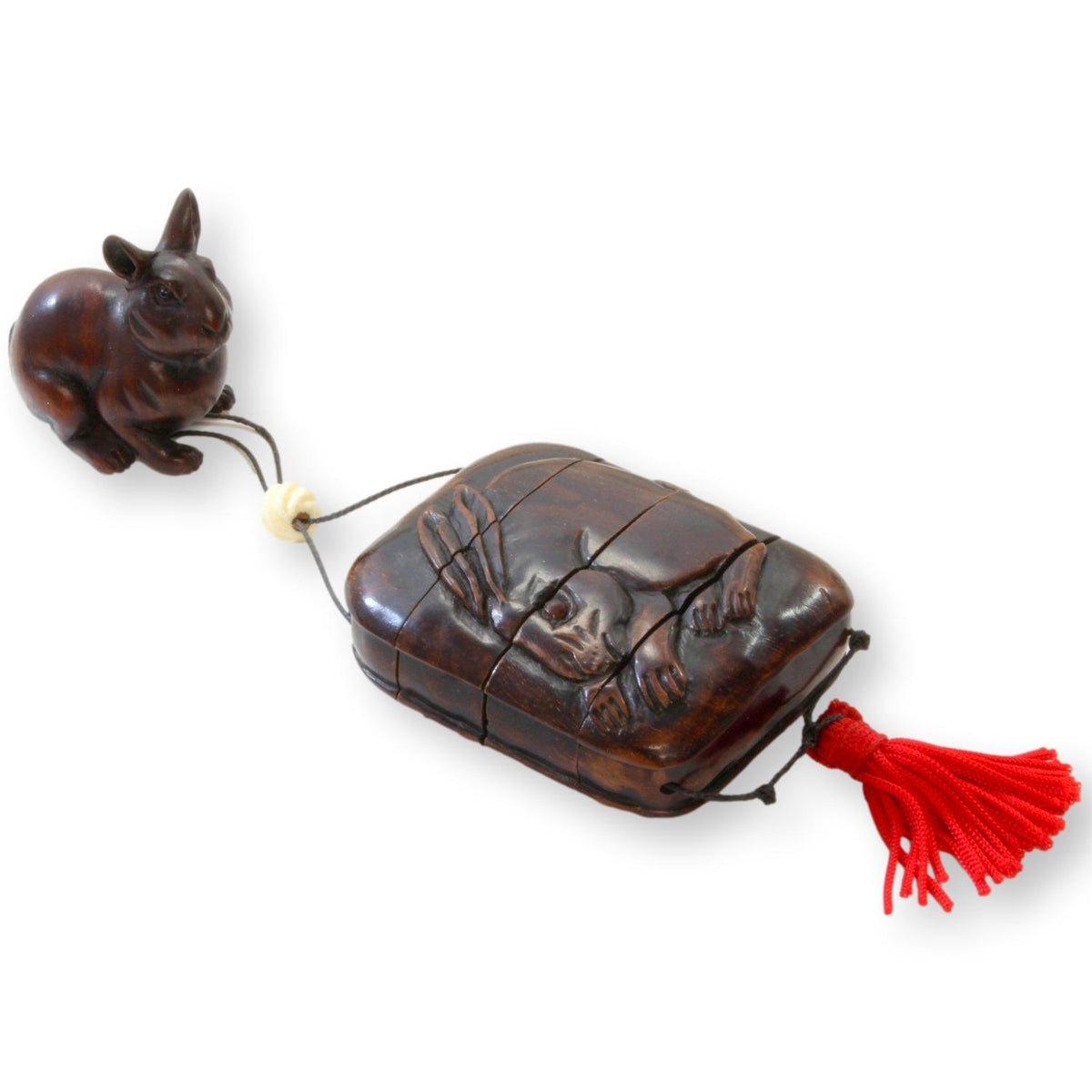 Vintage Asian Carved Rabbit Compartment Box w/Inset Eyes