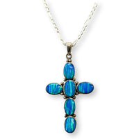 Vintage Sterling Silver Blue Created Opal Cross Pendant & 18" Chain
