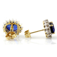 Signed Diamond Halo Blue Sapphire Earrings in 14K Gold