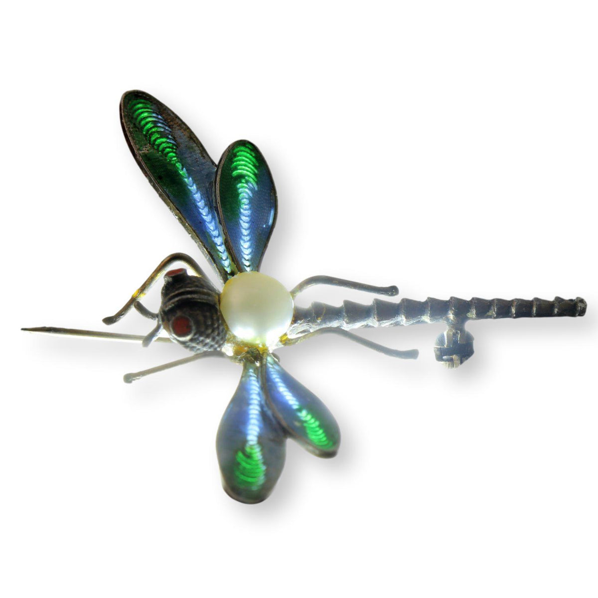 Italian Dragonfly Brooch | Coral, Pearl & Light-Transmitting Plique-à-Jour-Style Enamel