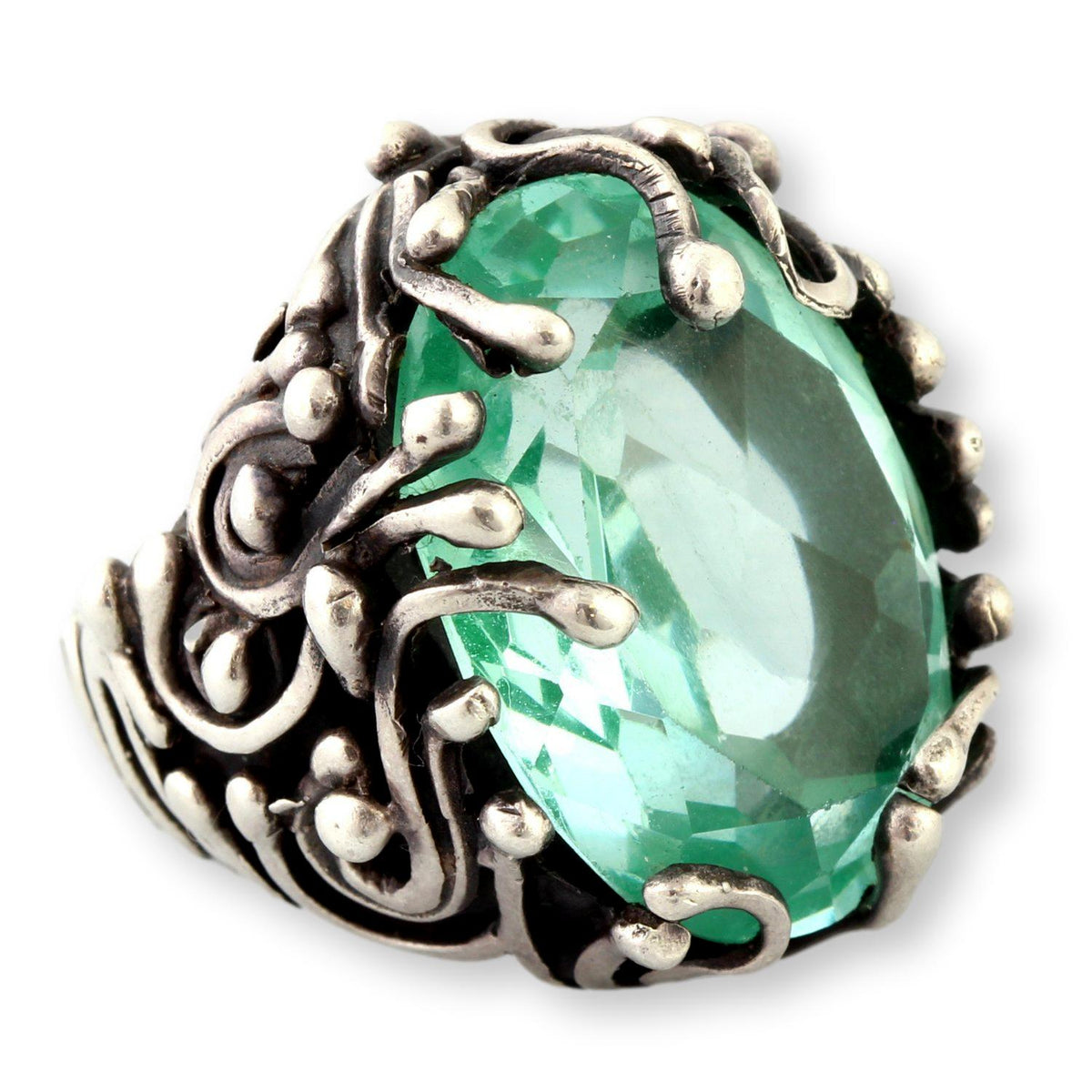 Mint Green Uranium Glass Ring – Faceted UV-Reactive Stone in Sculptural Sterling Silver
