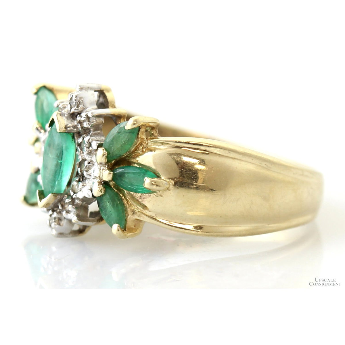 10K Gold Natural Emerald & Diamond Floral Cluster Ring