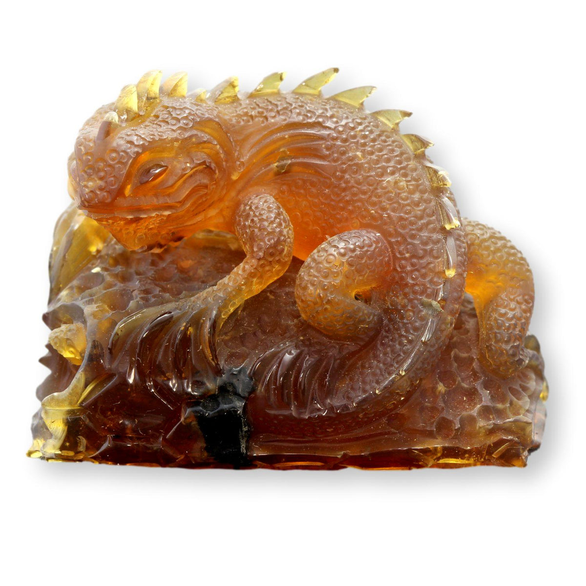 Hand-Carved Amber Lizard Sculpture with Wood Pedestal