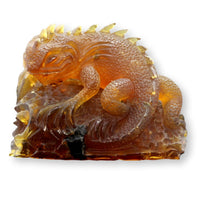 Hand-Carved Amber Lizard Sculpture with Wood Pedestal