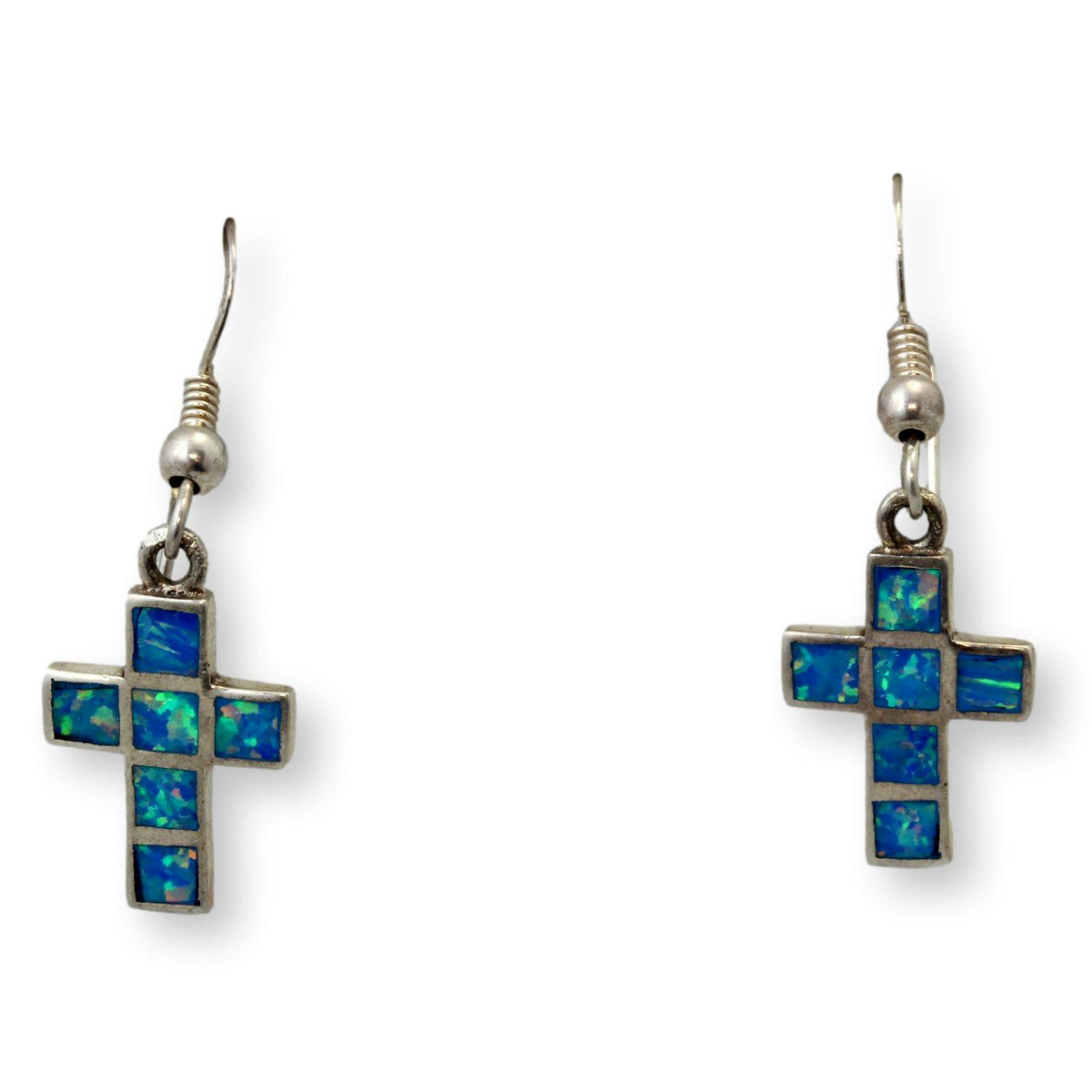 Sterling Silver Blue Created-Opal Inlay Cross Dangle Earrings