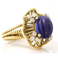 Vintage 14K Gold Carved Lapis Lazuli & Diamond Cocktail Ring