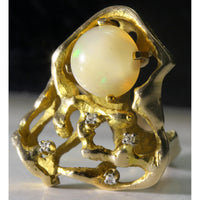 Vintage 14K Gold Natural Crystal Opal & Diamond Modernist Ring | Organic Freeform Design