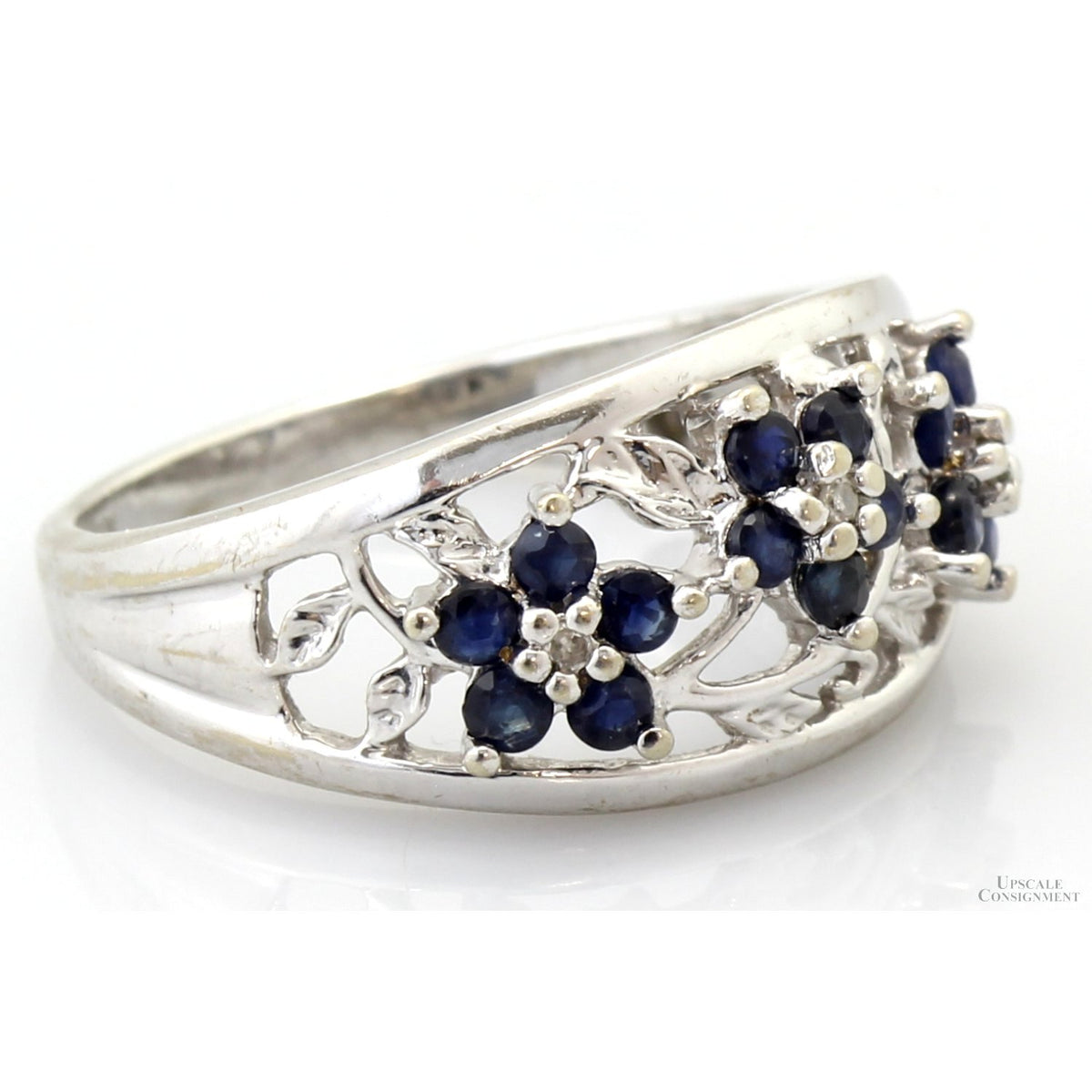 10K Gold Natural Blue Sapphire & Diamond Floral Motif  Ring