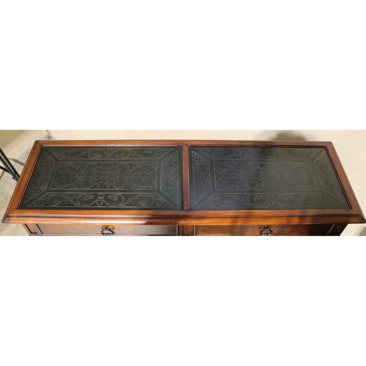2 Drawer Console w/Black Scrollwork Inlay Top