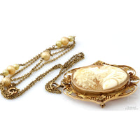 Victorian Carved Shell Cameo Pendant & Faux Pearl Gold Tone Chain