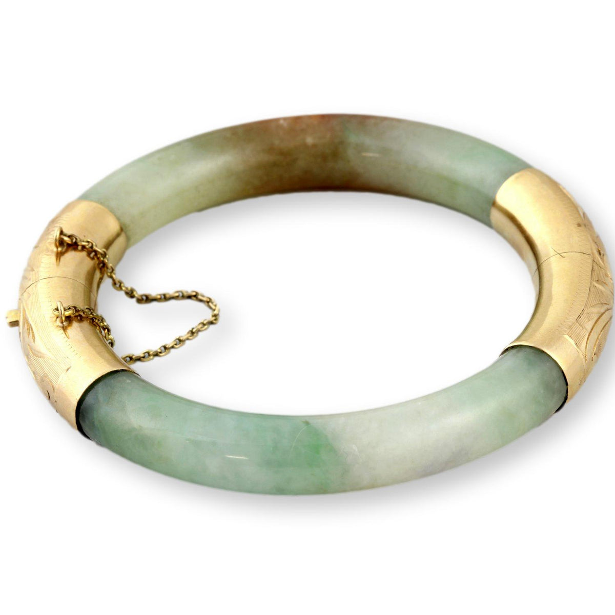 Gump's Jadeite Hinged Bangle Engraved 14K Gold c. 1970-1980