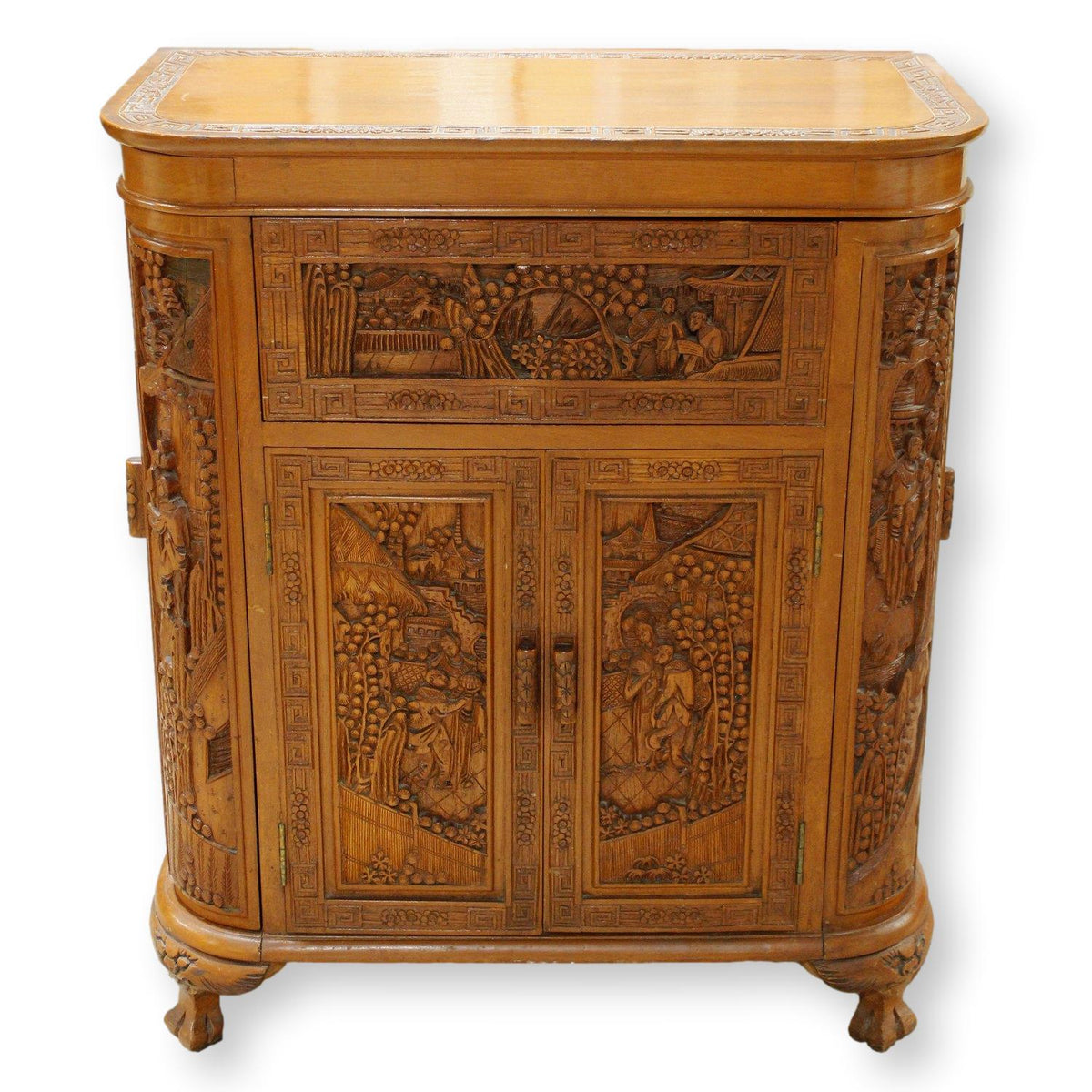 Asian Style Ornately Carved Bar Cabinet w/Elevator Lift