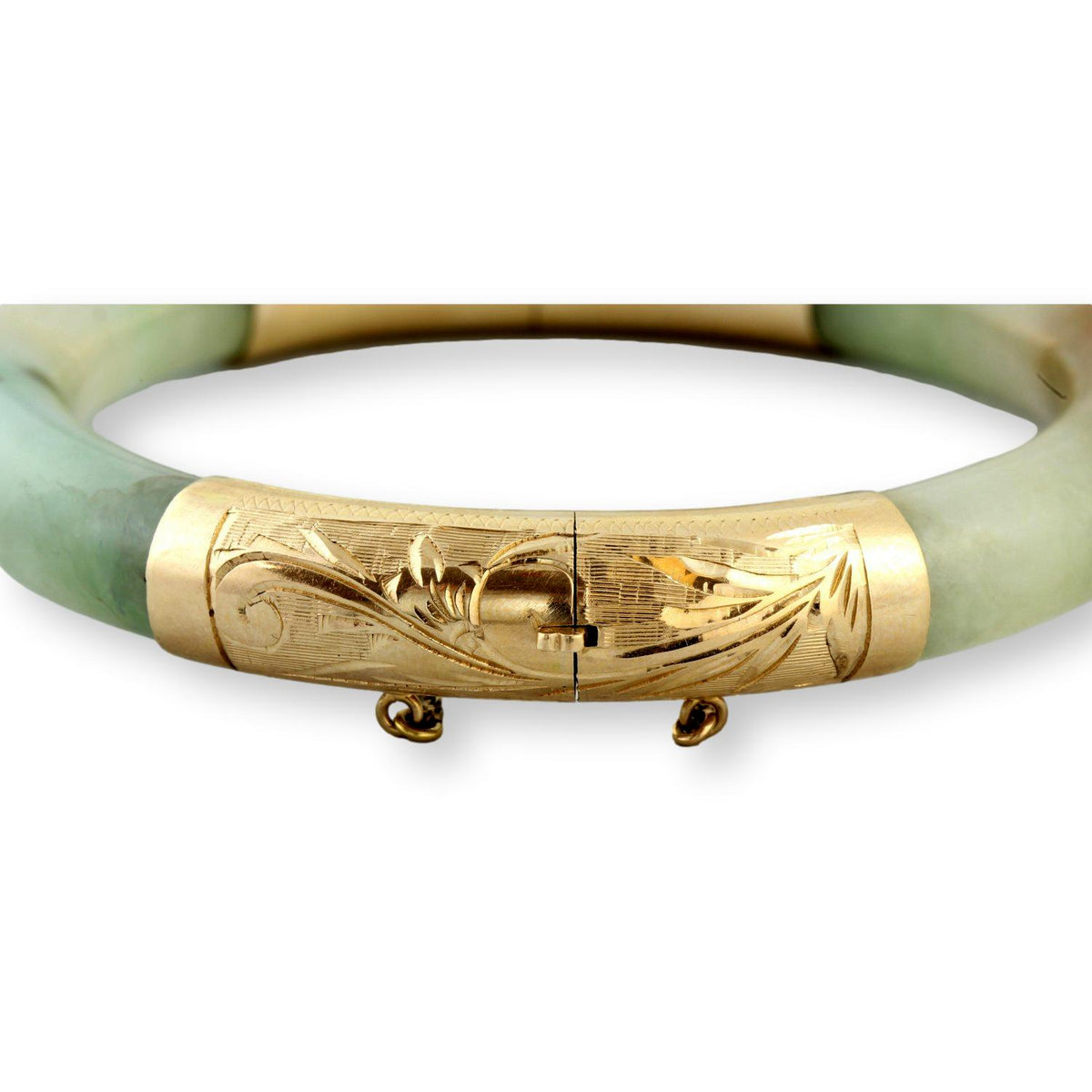 Gump's Jadeite Hinged Bangle Engraved 14K Gold c. 1970-1980