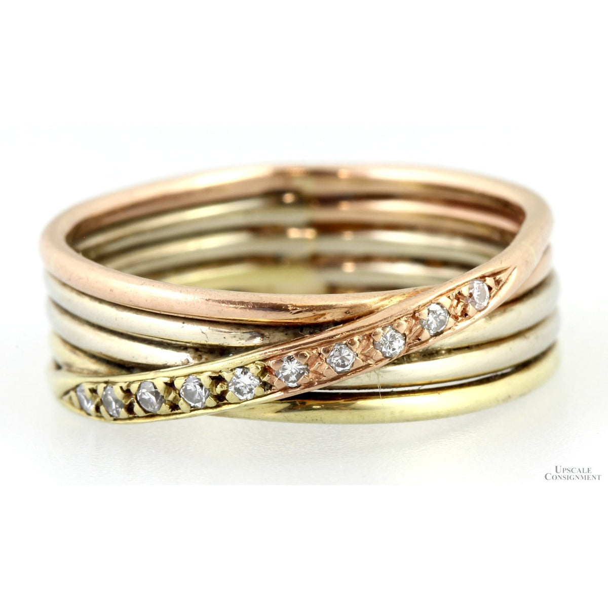 14K Tri-Color Gold Stack Bands .10ctw Diamond Crossover Ring