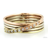 14K Tri-Color Gold Stack Bands .10ctw Diamond Crossover Ring