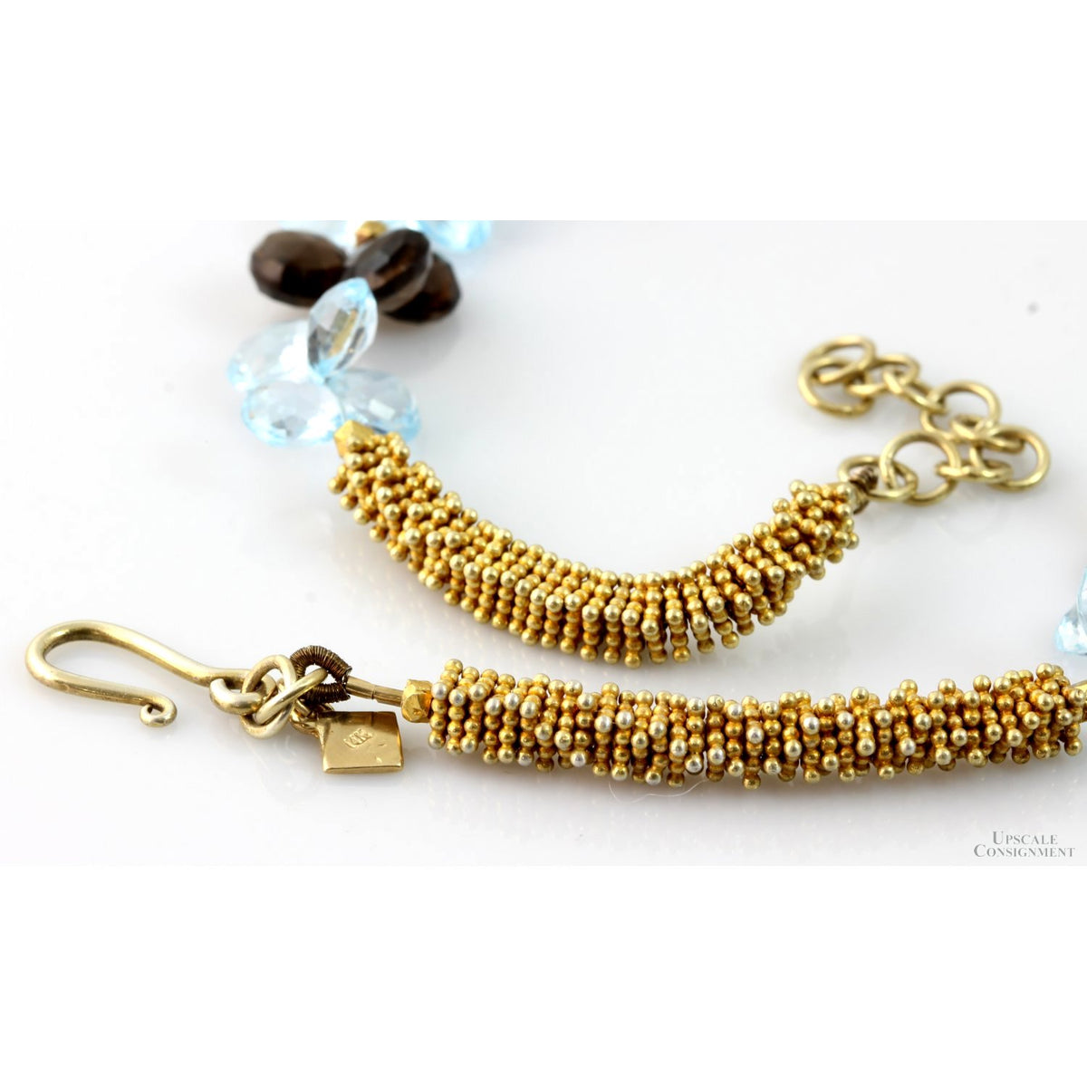 14K Gold Blue Topaz Smoky Quartz Teardrop Bead Necklace
