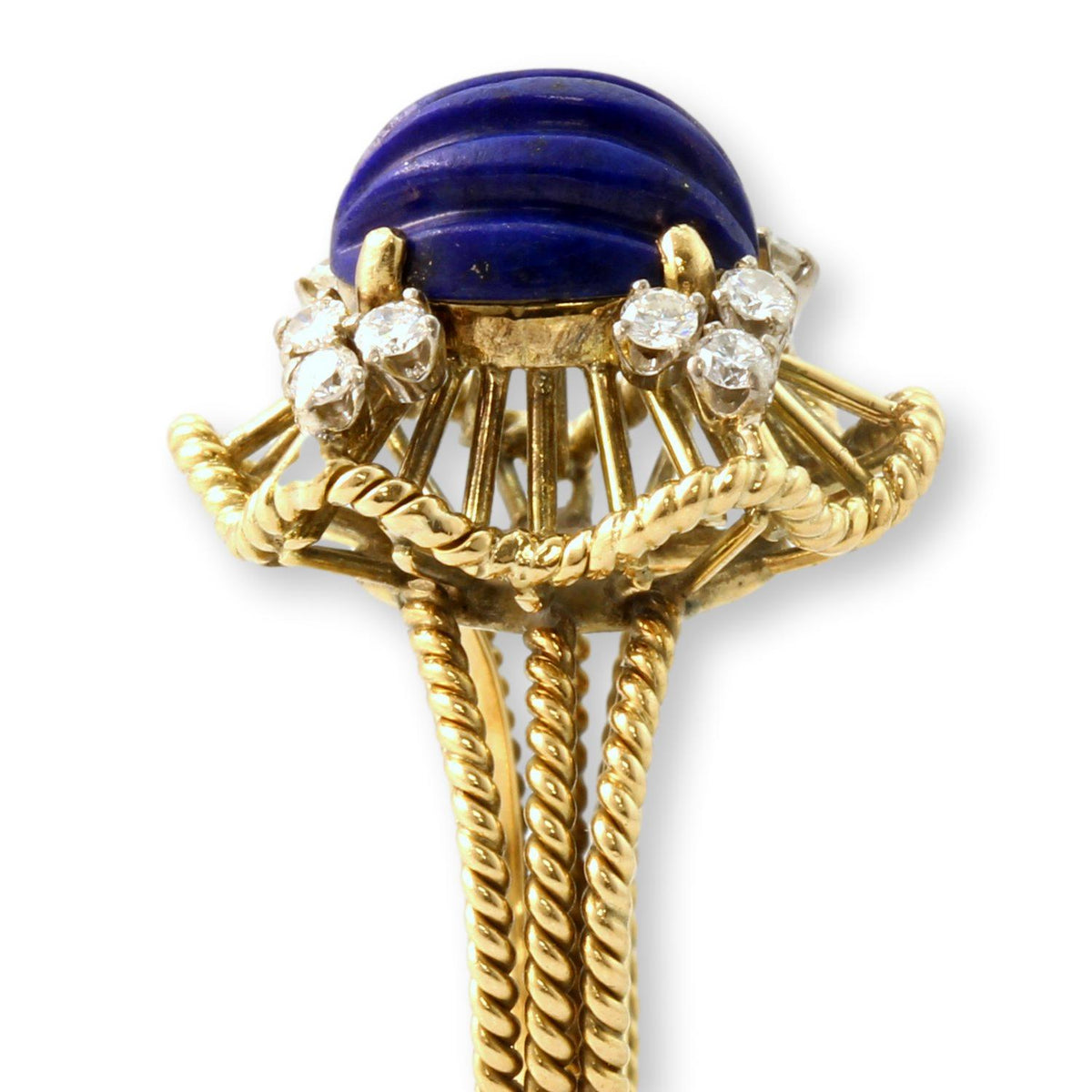 Vintage 14K Gold Carved Lapis Lazuli & Diamond Cocktail Ring