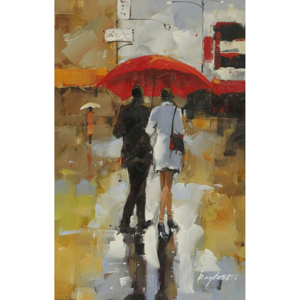 Framed Hand Embellished Oil - Couple Walking Under a Red Umbrella