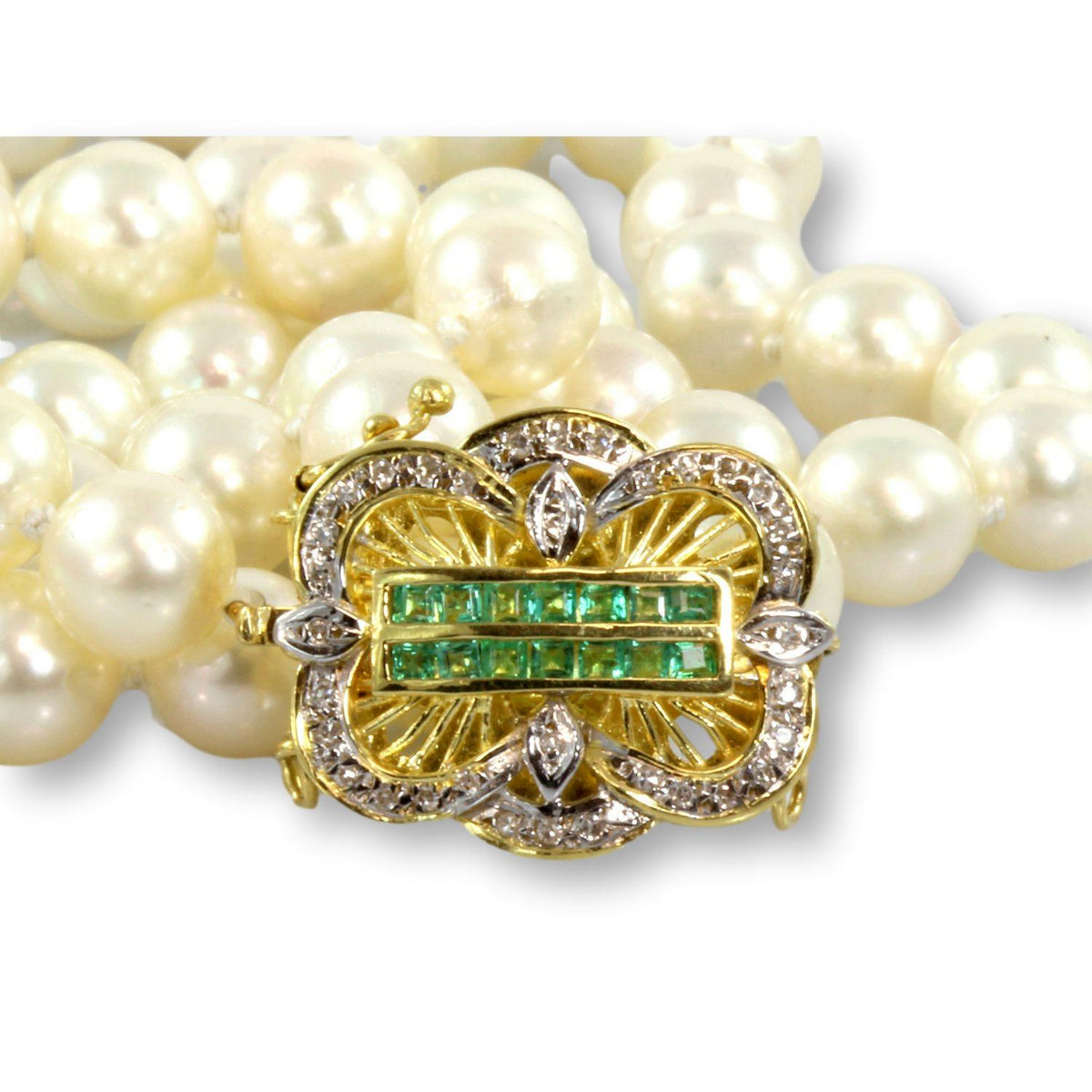 24" Cultured Pearl Strand -  Emerald & Diamond 14K Clasp