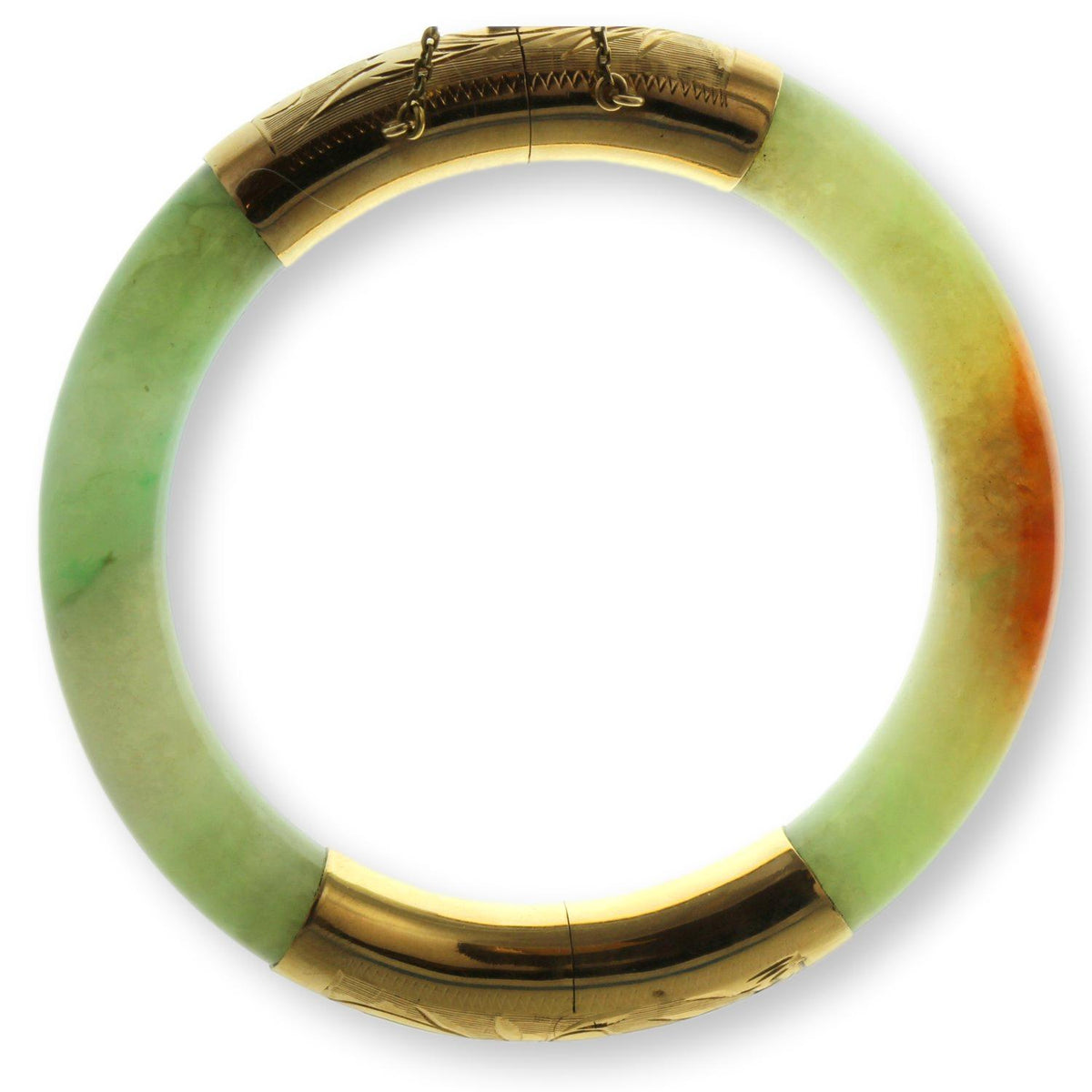 Gump's Jadeite Hinged Bangle Engraved 14K Gold c. 1970-1980