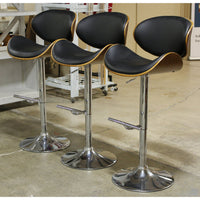 Set/3 Chrome & Black Leather Adjustable Height Bar Stools