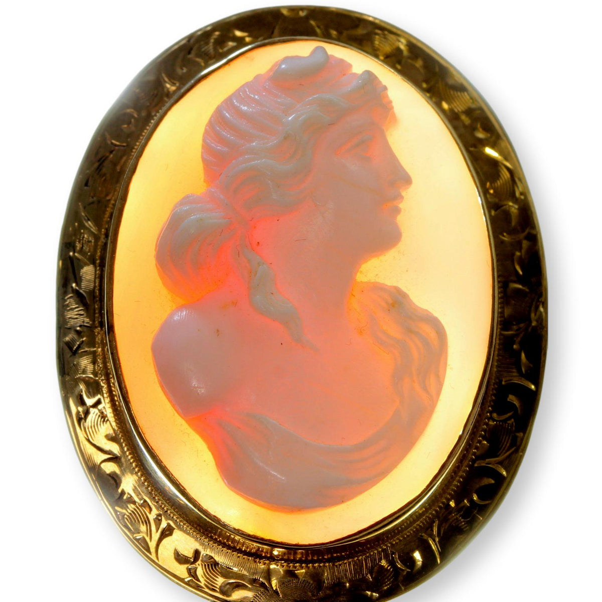 High-Relief Shell Cameo Brooch 14K Gold Engraved Frame