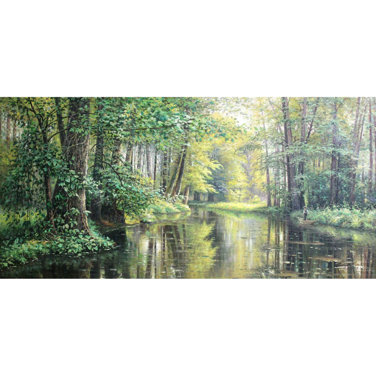 Framed Original Oil - River in Lush Green Forest