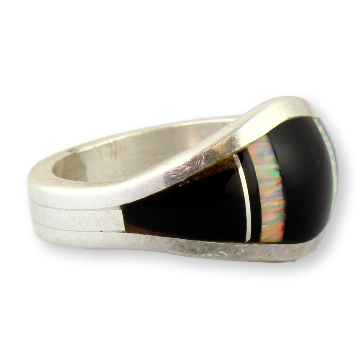 Black Onyx & Fiery Opal Sterling Silver Ring by Navajo Sheila Tso