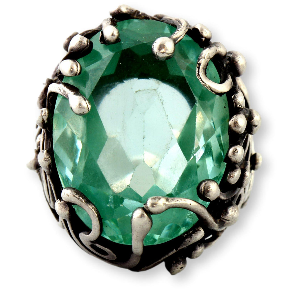 Mint Green Uranium Glass Ring – Faceted UV-Reactive Stone in Sculptural Sterling Silver