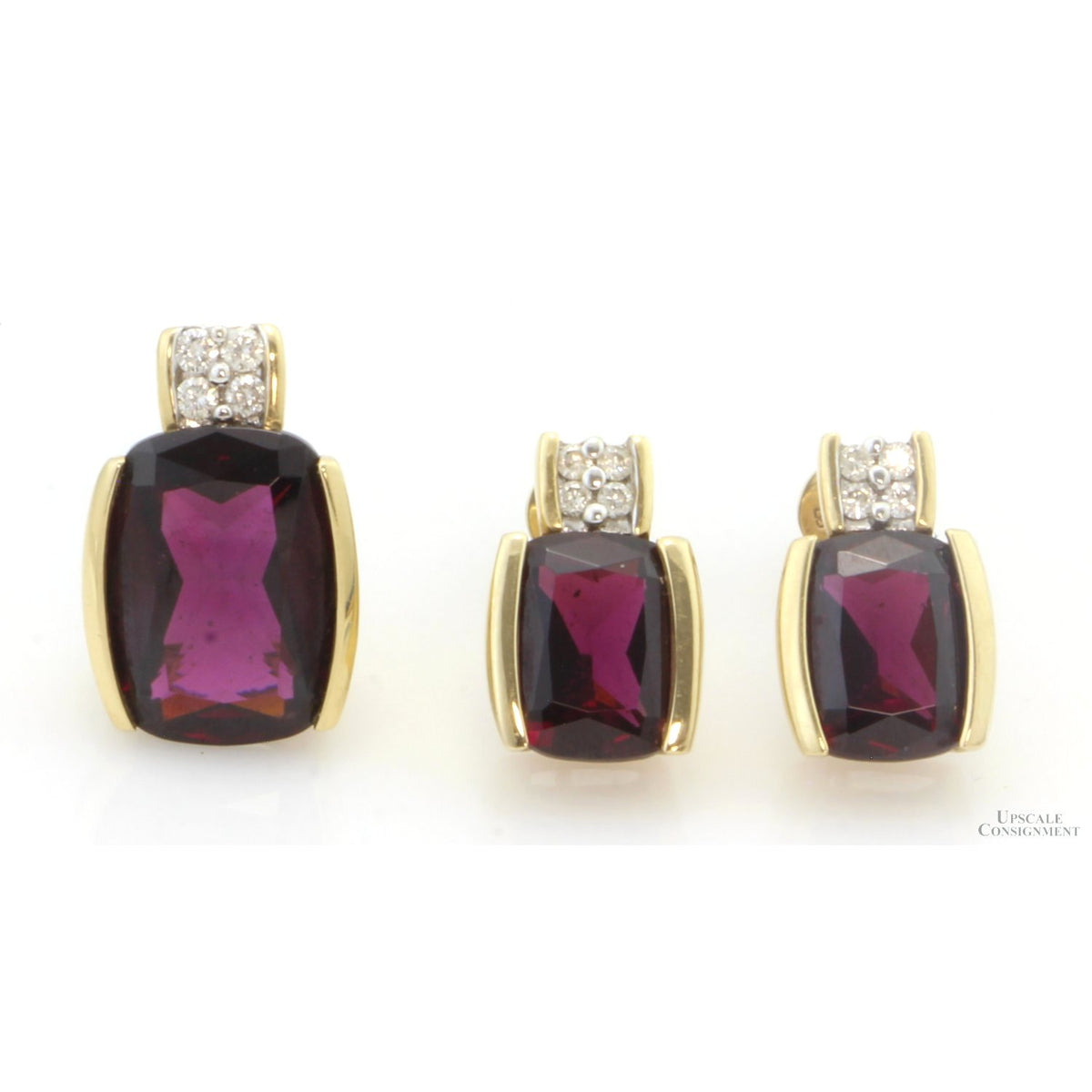 14K Gold Rhodolite Garnet & Diamond Pendant & Earring Set