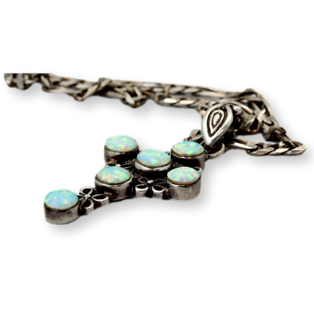 Vintage Sterling Silver White Created-Opal Cross Pendant & Chain