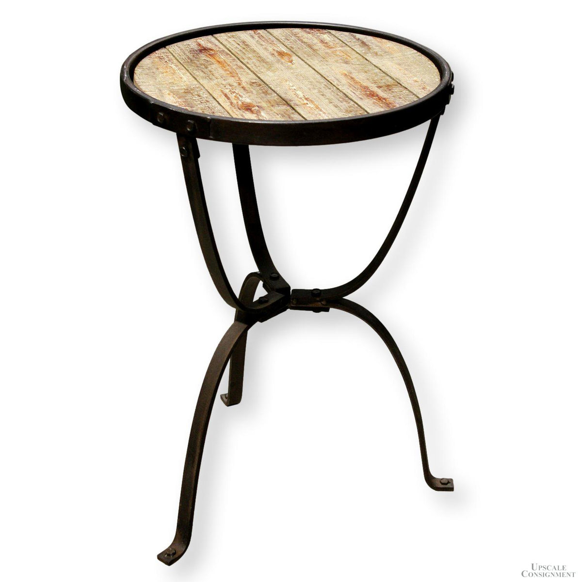 Round Rustic Accent Table w/Wrought Iron Frame & Trim