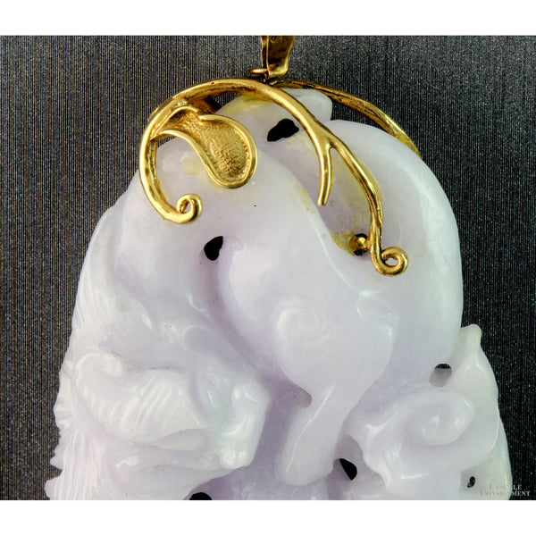 Natural Lavender Jadeite Double-Sided Carved Pendant – 14K Gold