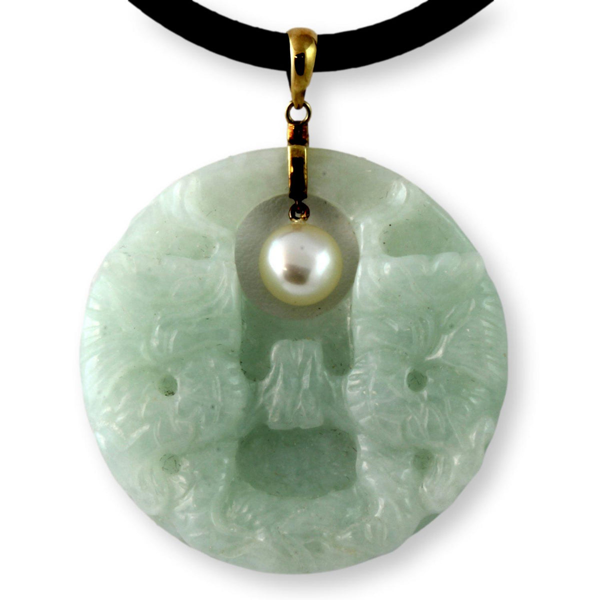 Light Green Jadeiete Jade Pearl 14K Carved Botanical Pendant