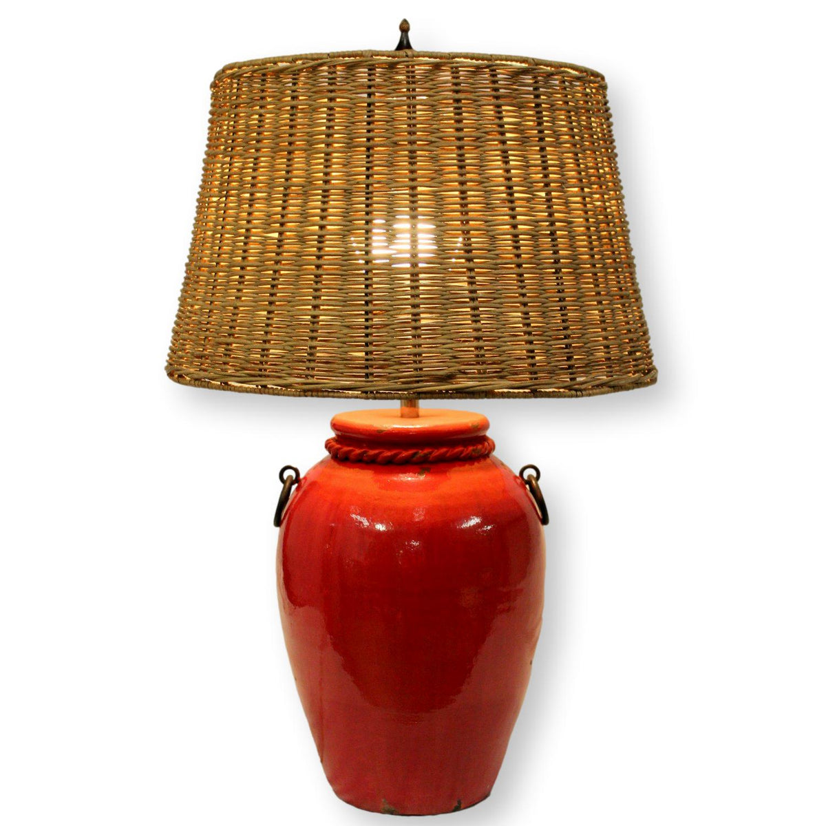 Red Ceramic Crock Table Lamp w/Wicker Shade