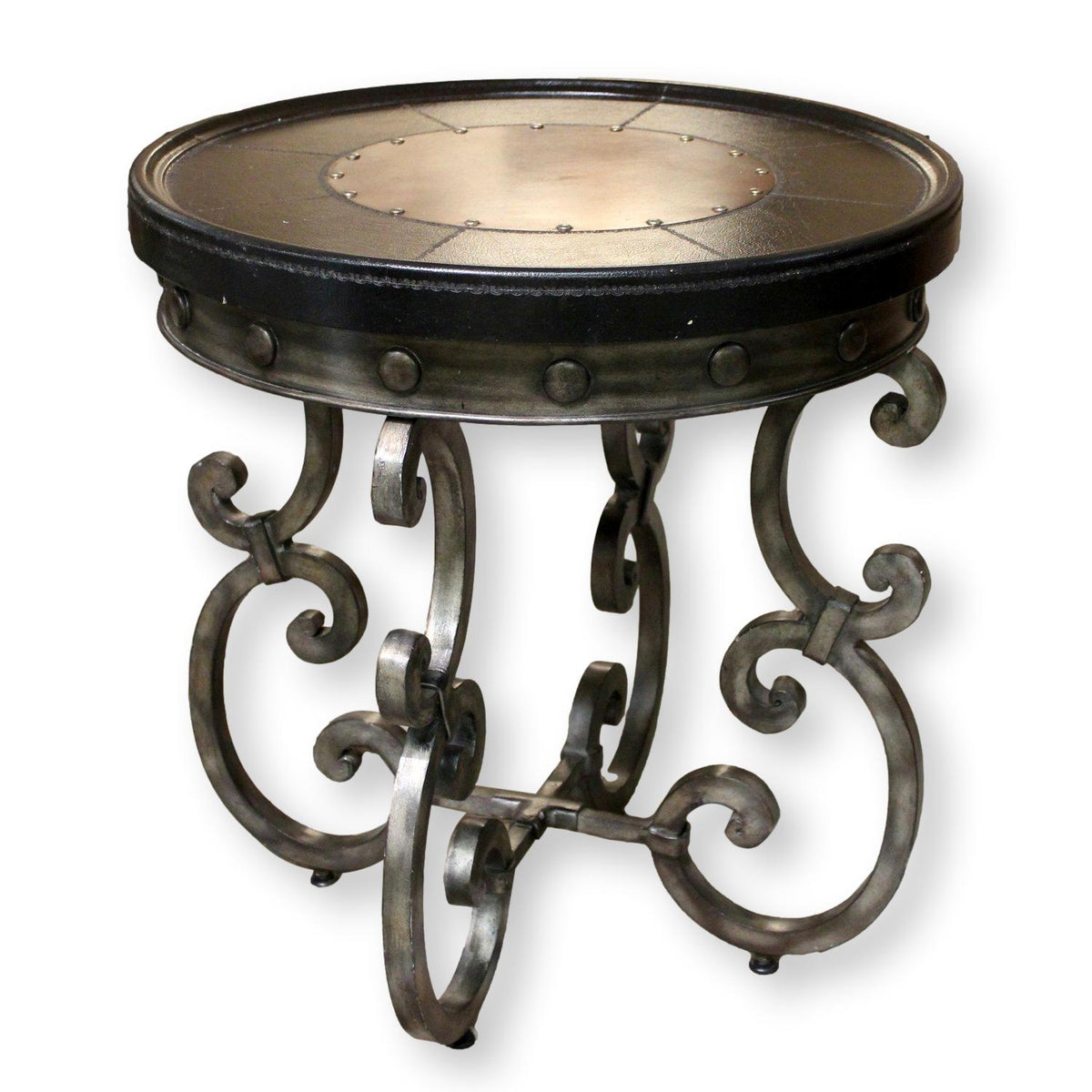 Round Metal & Leather Top Accent Table w/Nailhead