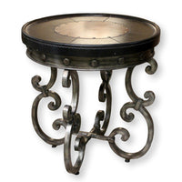 Round Metal & Leather Top Accent Table w/Nailhead