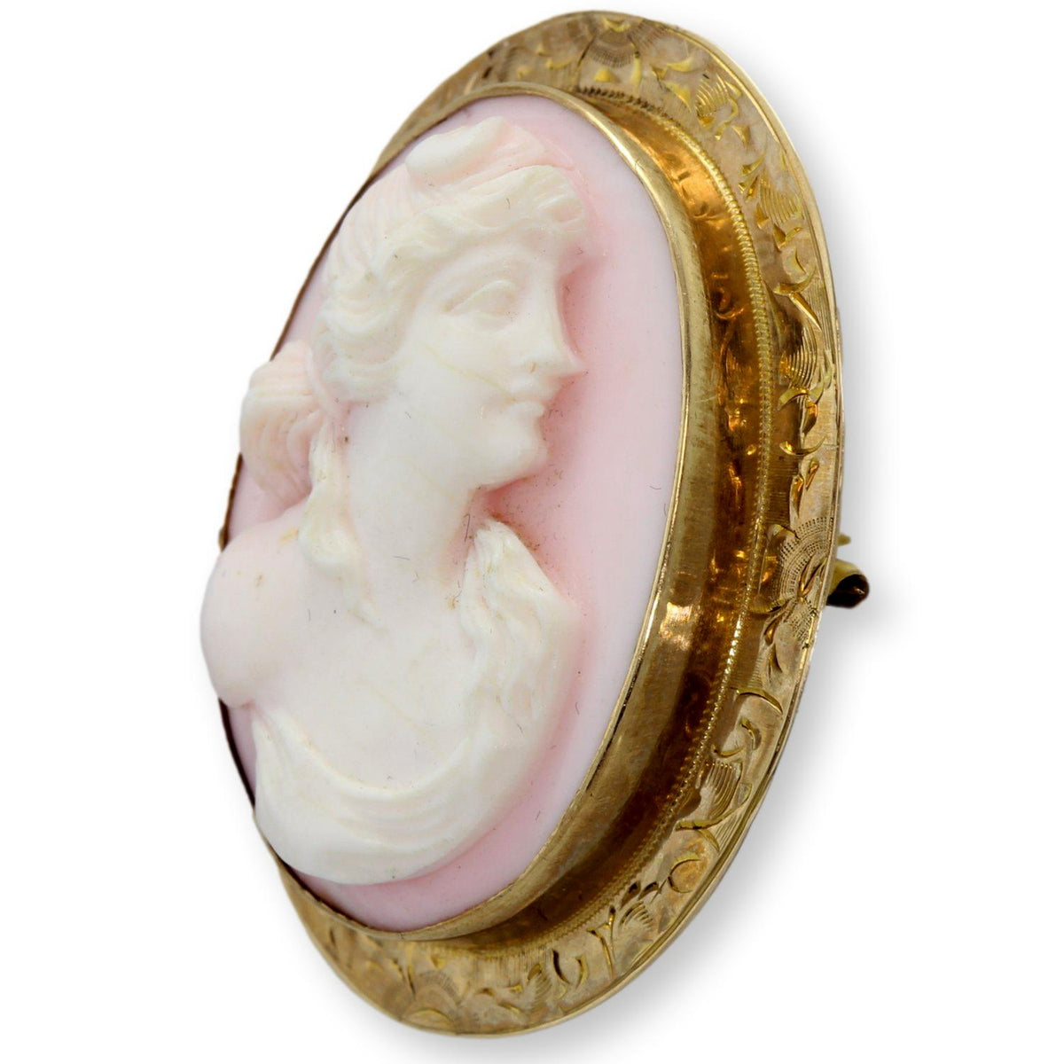High-Relief Shell Cameo Brooch 14K Gold Engraved Frame