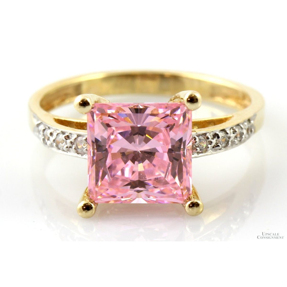 Square Pink Cubic Zirconia Solitaire 14K Yellow Gold Ring