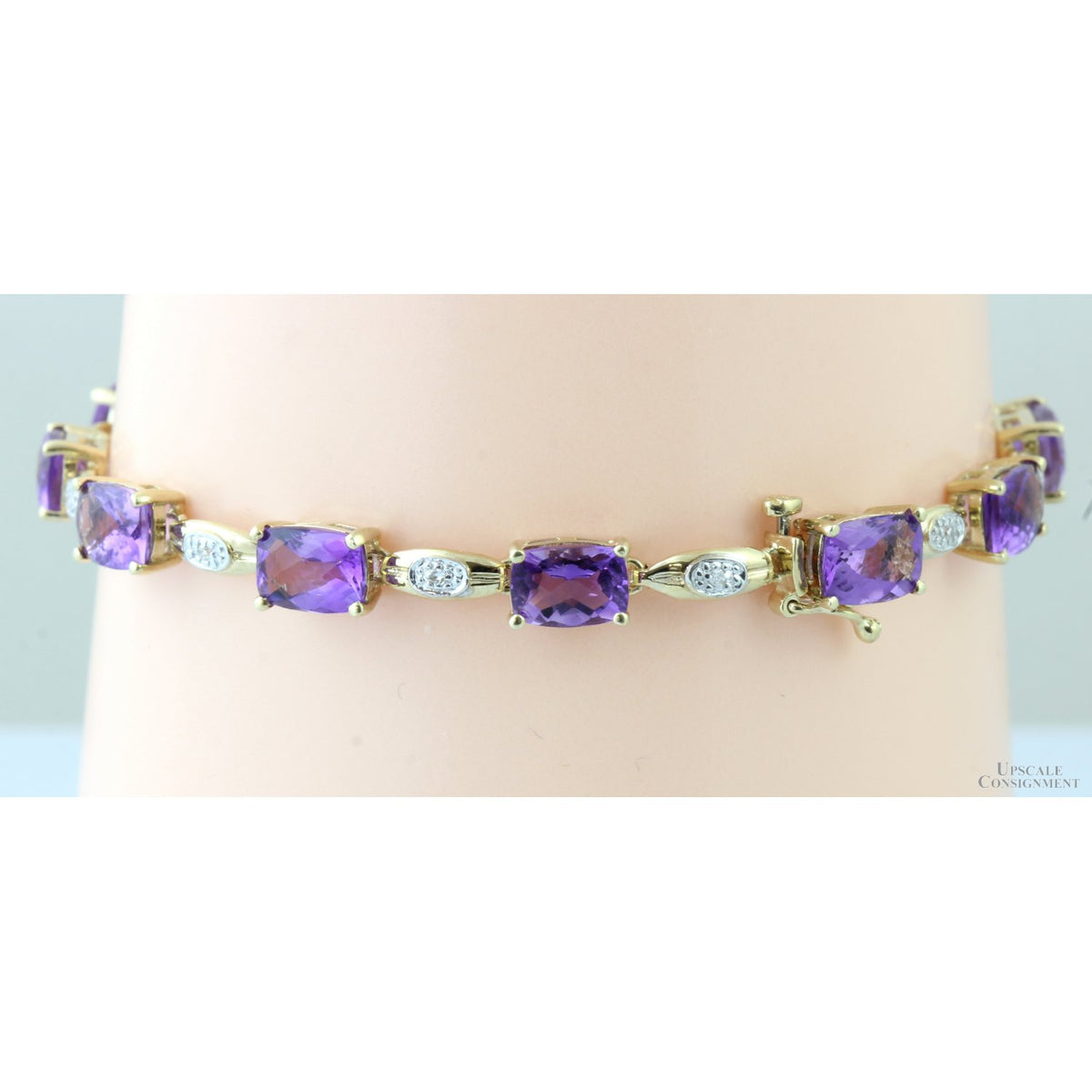 8.52ctw Amethyst & Diamond 10K Yellow Gold Link Bracelet