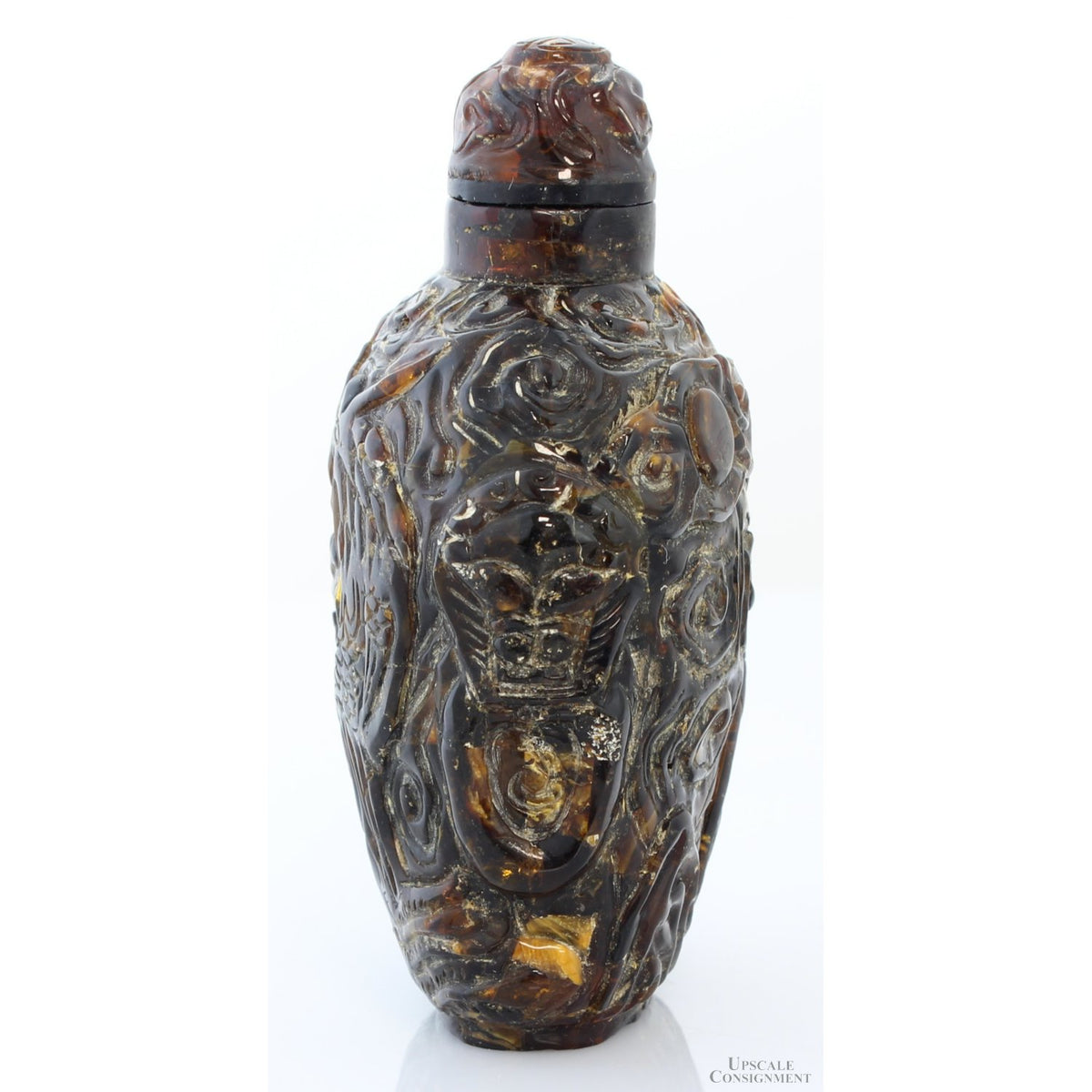 Chinese Hand-Carved Natural Amber Snuff Bottle | High Relief Phoenix & Shou Symbol