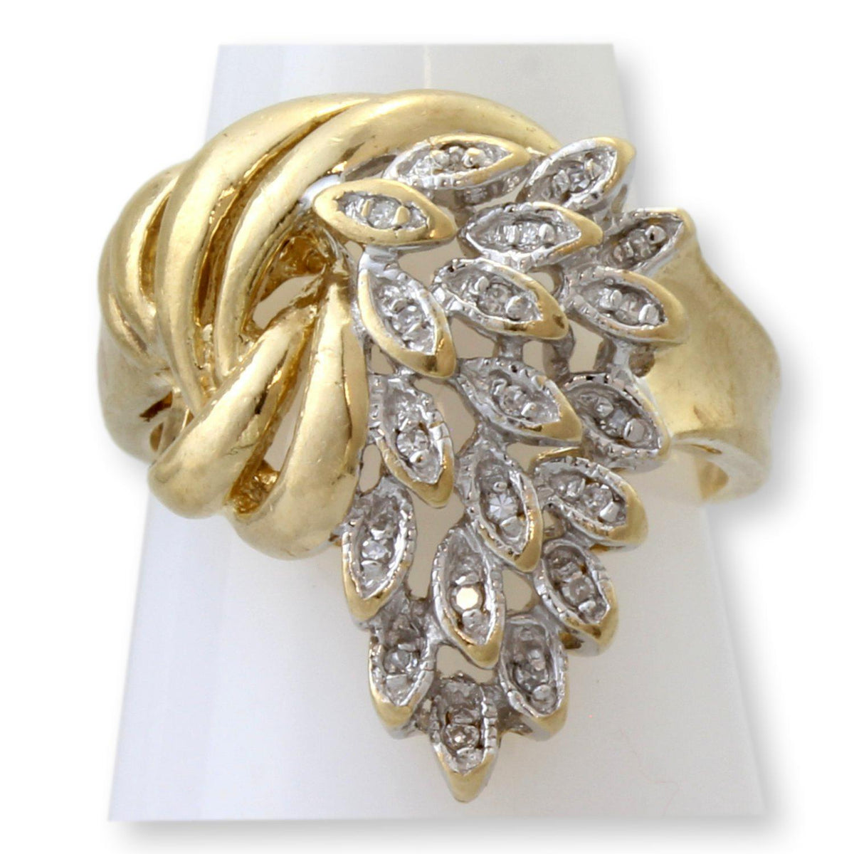 Vintage 10K Gold Diamond Leaf & Ribbon Ring | Nature Inspired Estate Diamond Ring