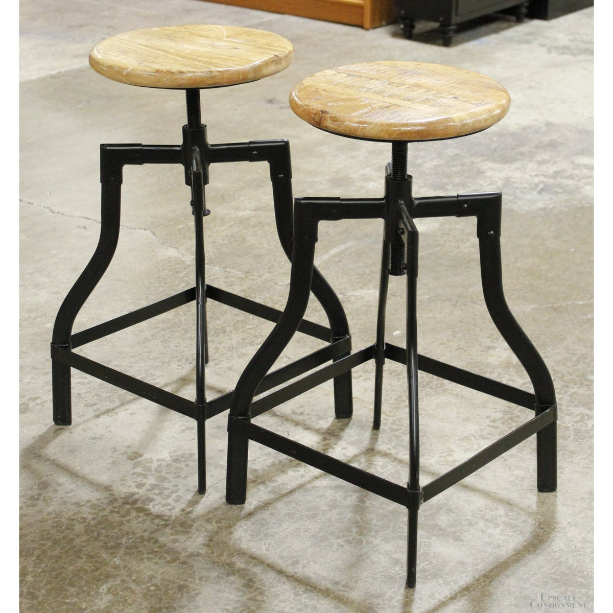 Pair of Adjustable Height Wood & Iron Stools