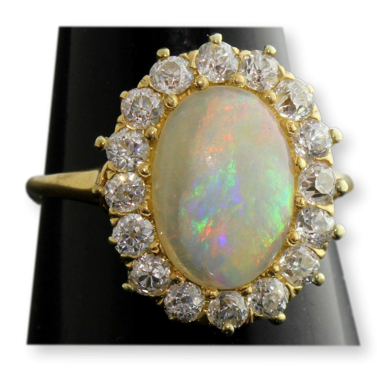 Antique 18K Crystal Opal & Old European Cut Diamond Halo Ring | Attributed to Spaulding & Co.