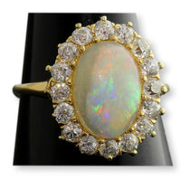 Antique 18K Crystal Opal & Old European Cut Diamond Halo Ring | Attributed to Spaulding & Co.