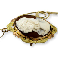 10K Yellow & Rose Gold Hand-Carved Shell Cameo Convertible Brooch Pendant with 14K Gold Chain