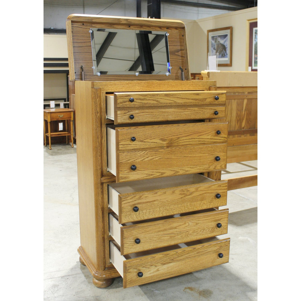 Arbek Oak Chest of Drawers w/Mirrored Lift Top