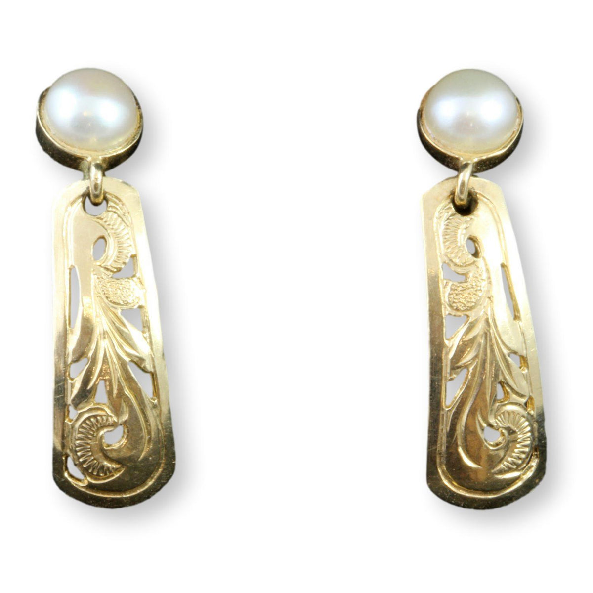 14K Gold Foliate Design Cultured Pearl Earrings