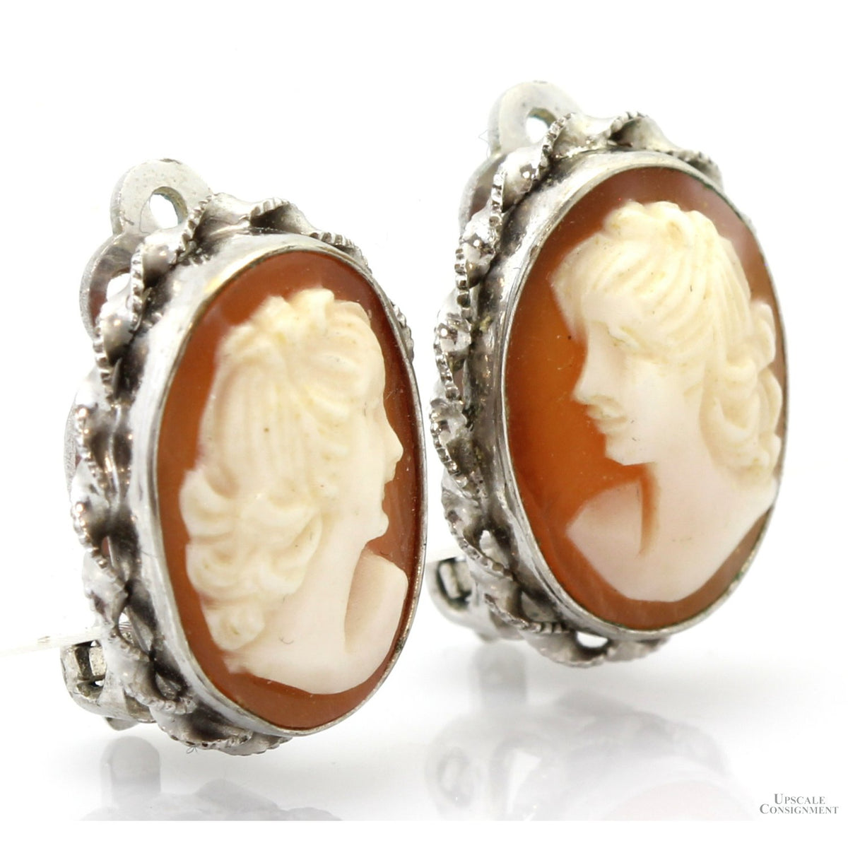Shell Cameo Clip Earrings 12K White Gold Filled Mountings